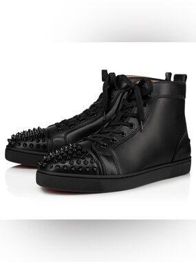 Men's Black Leather Christian Louboutin Lou Spiked High-Top Sneakers